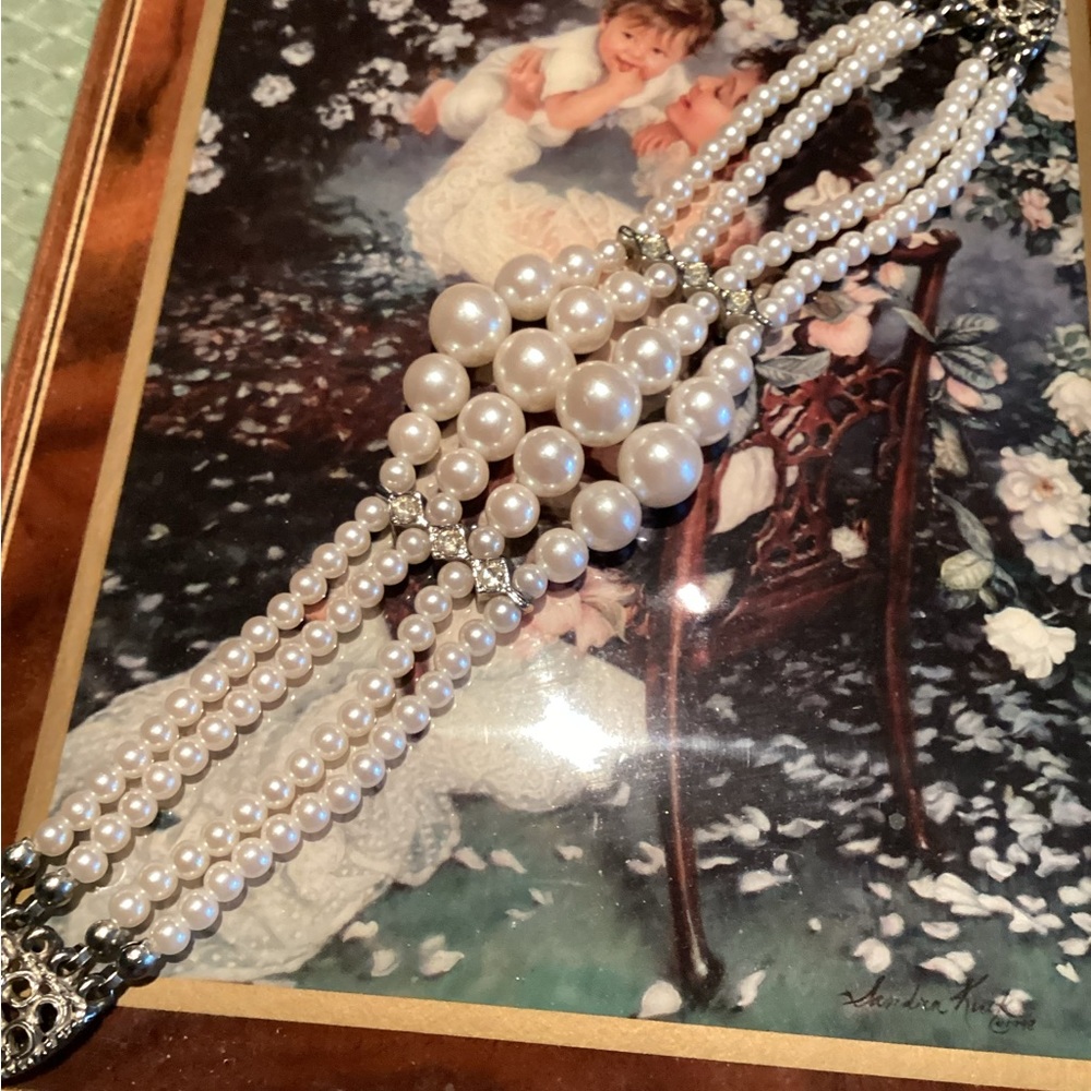 Costume Faux Pearl Four Strand  Bracelet with Silver and Glass Stones